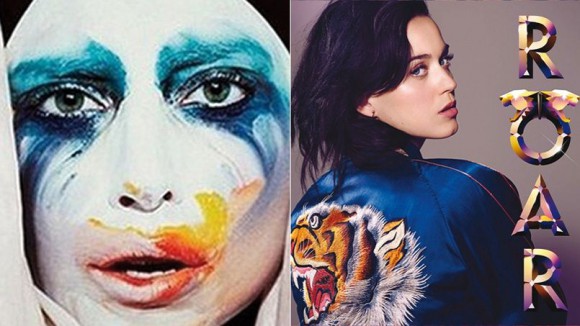 Les pochettes d'Applause de Lady Gage et Roar de Katy Perry.