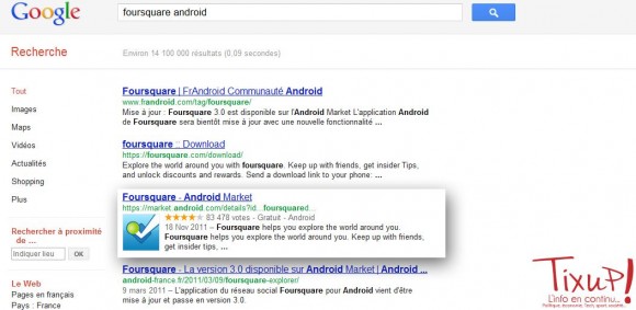 Google: Applications mobiles dans les résultats de recherche